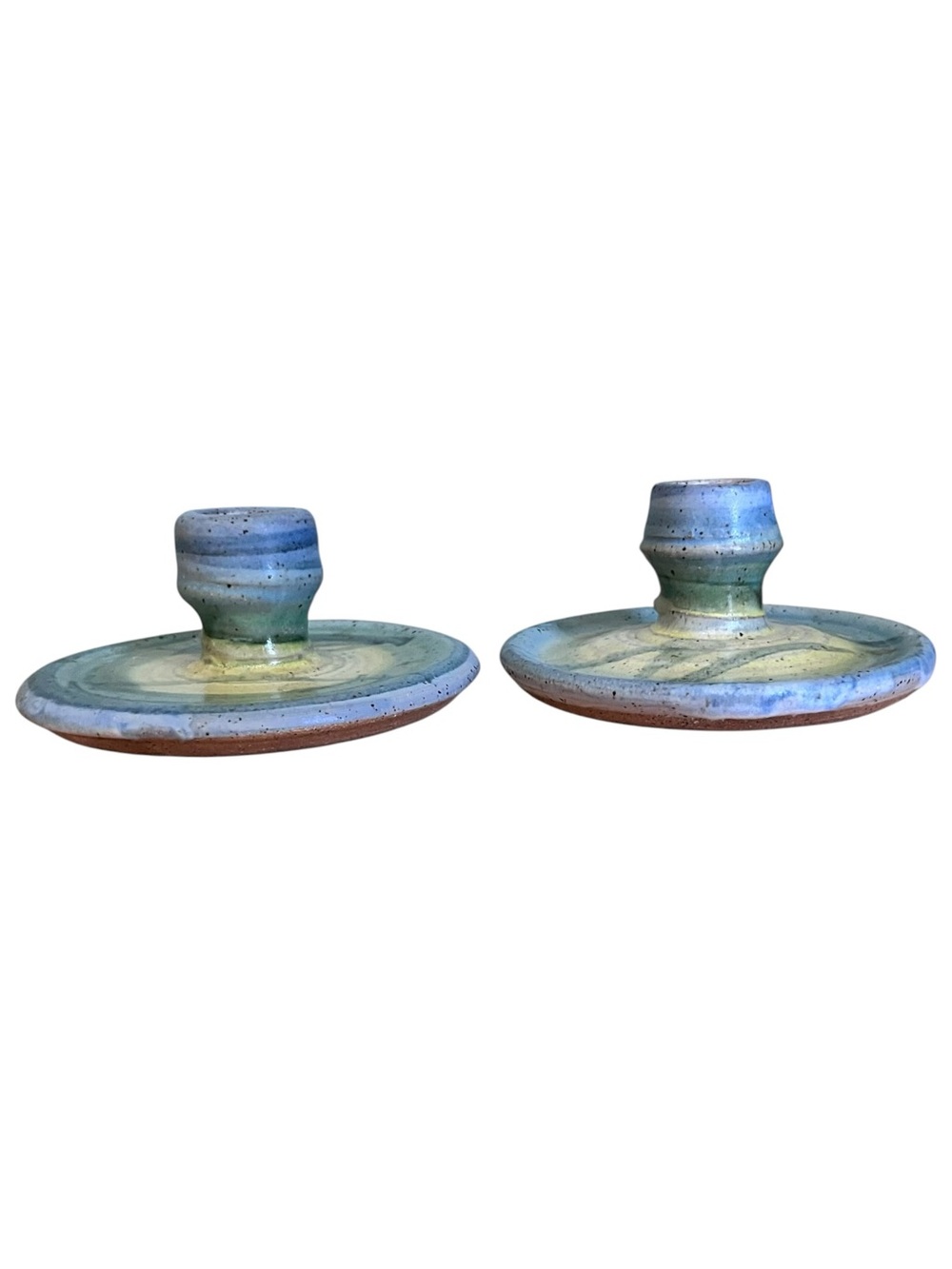 Signed Artisan Pair Handmade By Meg Pottery Candlestick Holders Stoneware Blue